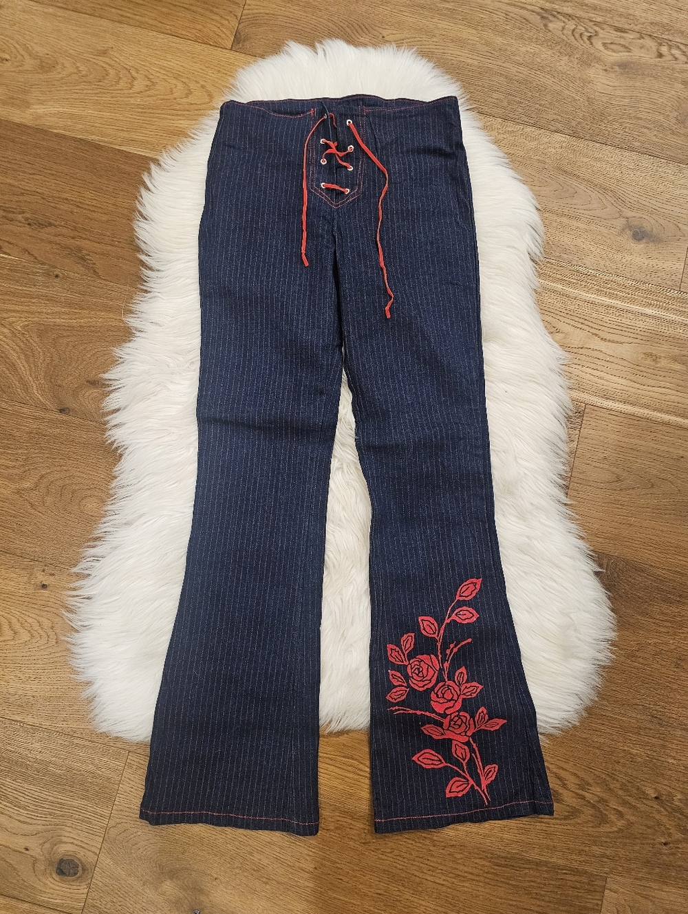 Vintage Low Rise Women’s Navy Pinstripe Flare Pants with Red Rose Embroidery